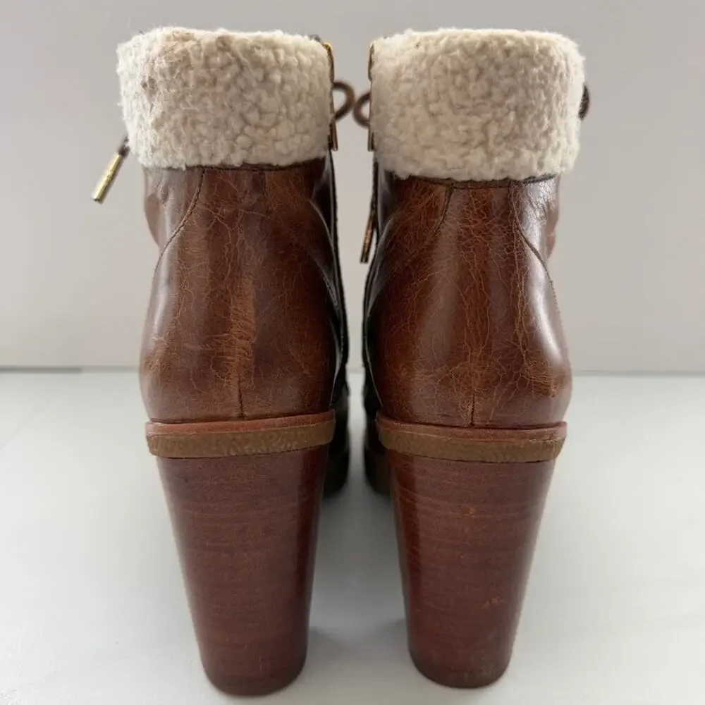 Michael Kors Kim Leather Carmel Distressed Stacked Heel Ankle Boots Size 7.5